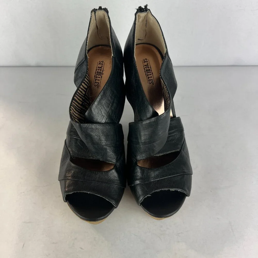 Seychelles Sandals Womens 8.5 Black Leather Wedge Stacked Heel Criss Cross‎
